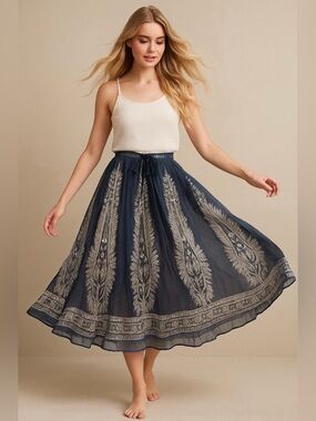 Philosophy Festival Boho Smocked Blue White Pull On Long Floral Maxi Skirt Small